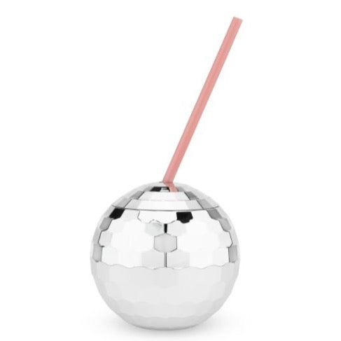 Silver Disco Ball Drink Tumbler with Straw